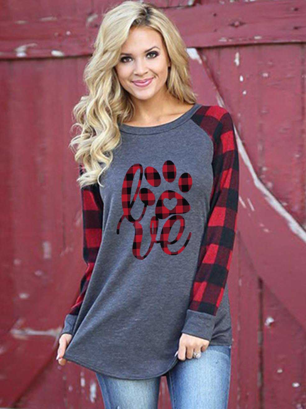 Frauen LIEBE Plaid Dog Paw T-Shirt