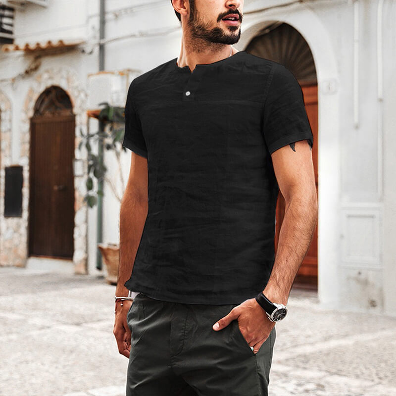 Camisa casual de lino y algodón de manga corta con cuello redondo para hombres