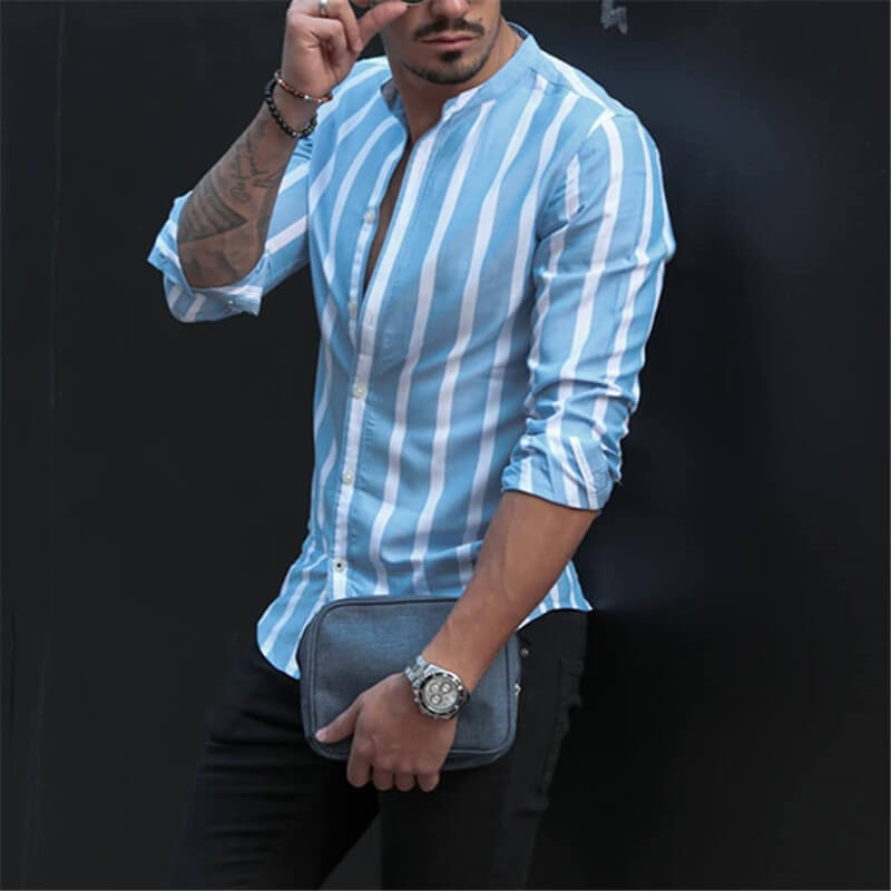 Vyrų mados gatvės stilius Patogūs, ploni, dryžuoti medvilniniai marškiniai ilgomis rankovėmis