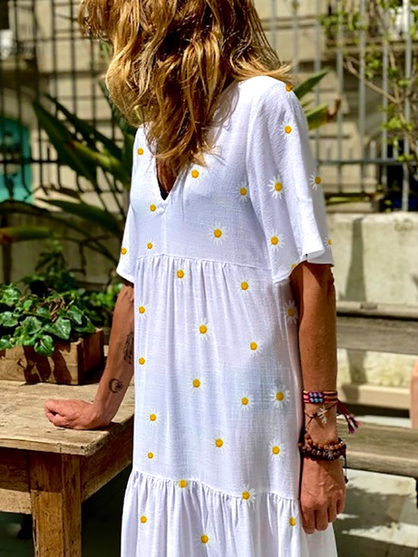 Nettes Gänseblümchen-Kurzarm-Maxikleid