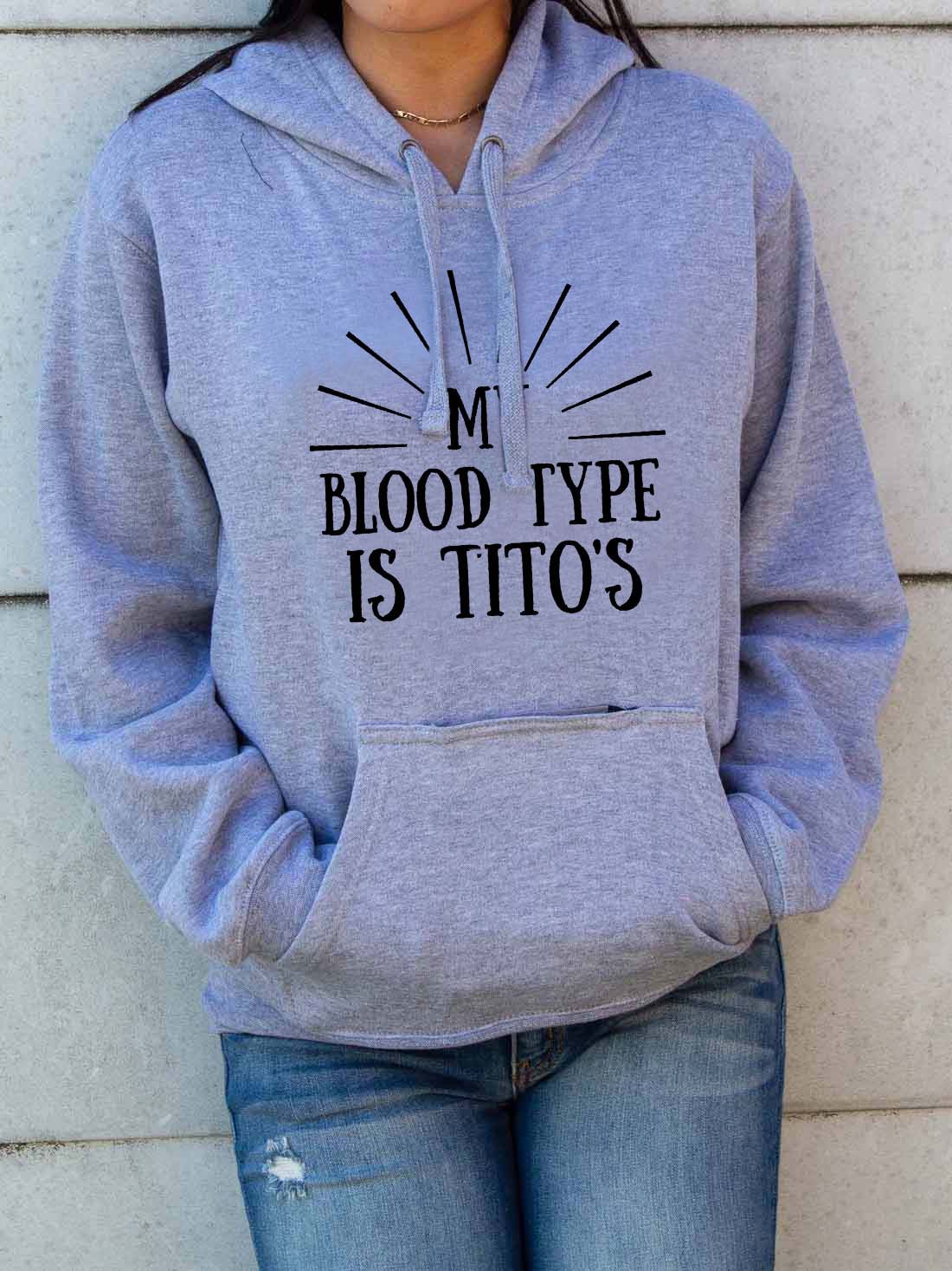 Mujer MY BLOOD TYPE IS TITOS Letter Sudadera con capucha de bolsillo