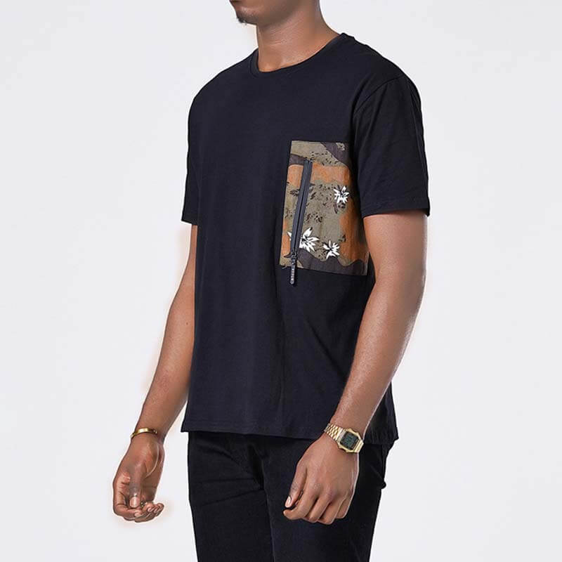 Paprastos kamufliažinės atspausdintos kišenės trumpomis rankovėmis iš medvilnės-juodų vyrams