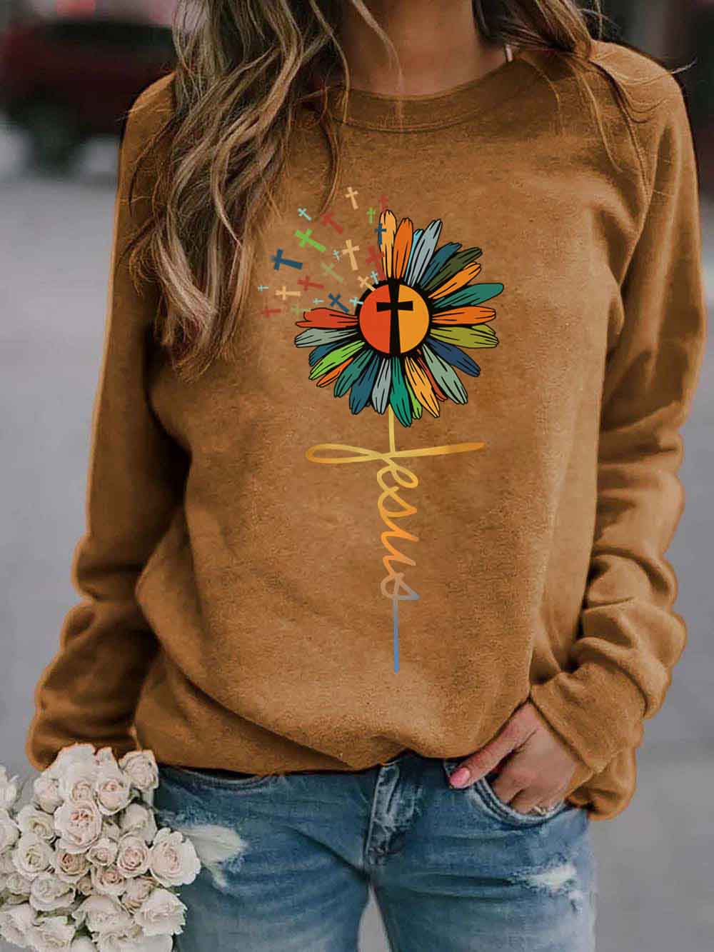 Damen Jesus Sunflower Cross Farbdruck Sweatshirt