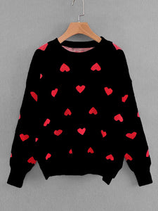 Drop Shoulder Heart Pattern Pullover mit Strickpullover