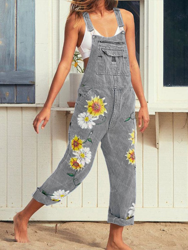 Damen Denim Floral Daisy Print Jumpsuit Lätzchen