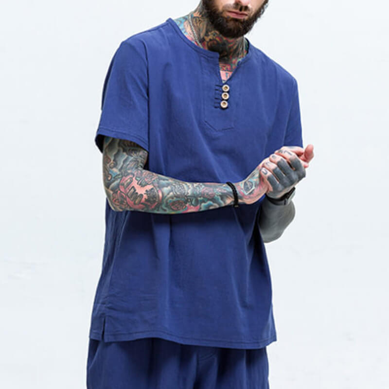 Vyriški vintažiniai patogūs trumpų rankovių medvilniniai marškiniai trumpomis rankovėmis ir V formos kakleliu