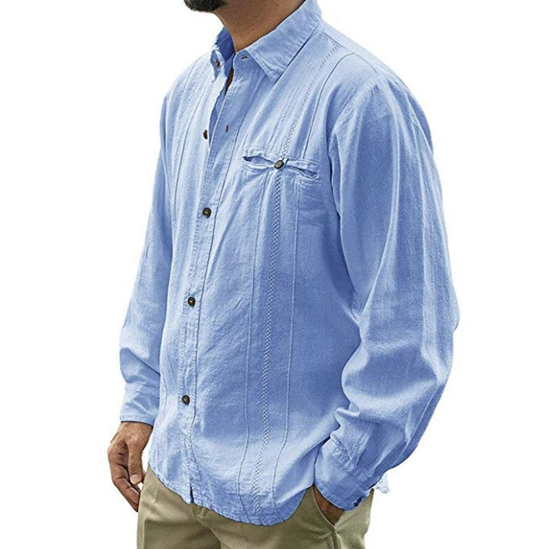 einfarbiges Langarm-Leinenhemd für Herren