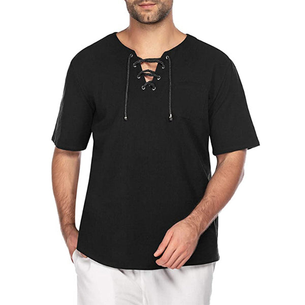 Herren-Kurzarm-T-Shirt mit V-Ausschnitt aus Baumwolle und Leinen