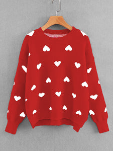 Drop Shoulder Heart Pattern Pullover mit Strickpullover