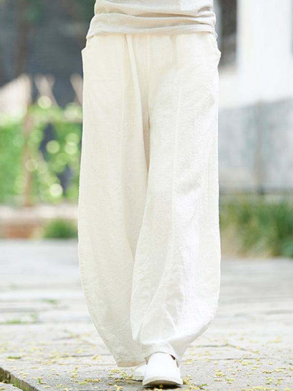 Pantalones vintage cómodos de lino con bolsillo de lino suave para mujer