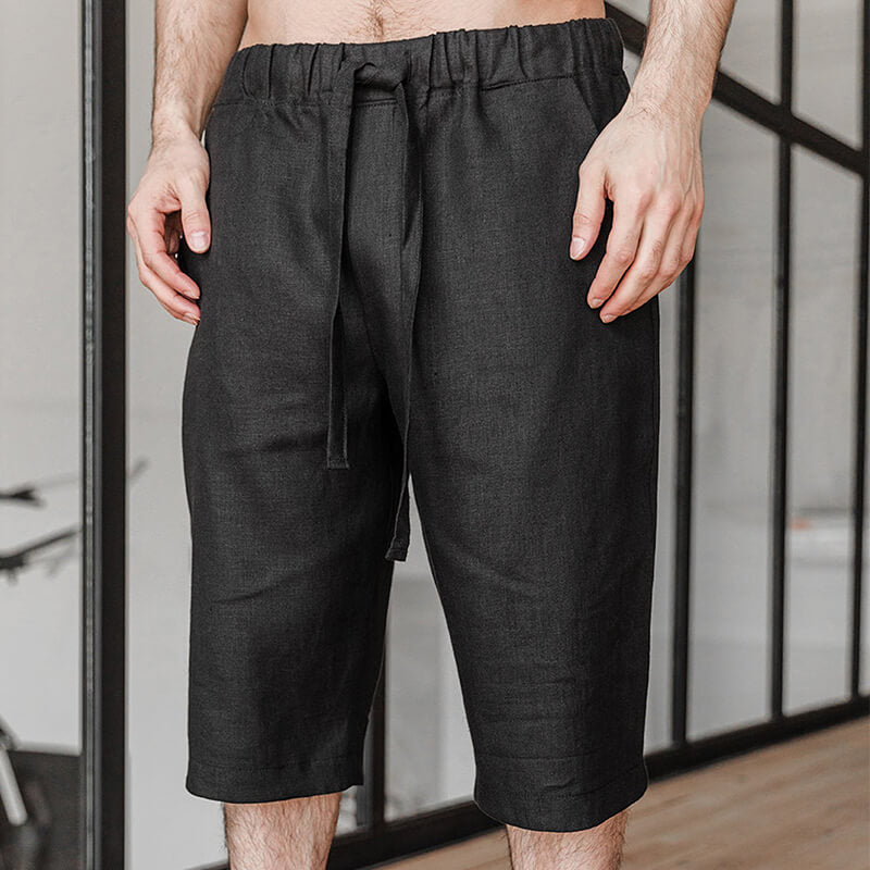 Clásico ligero Cordón sencillo y suelto para hombre Negro Cómodo pantalón de lino natural Pantalón corto