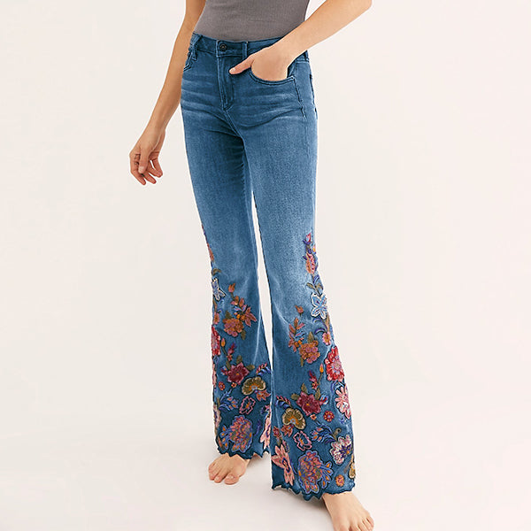Blumengestickte Stretchy Bell Bottom Jeans