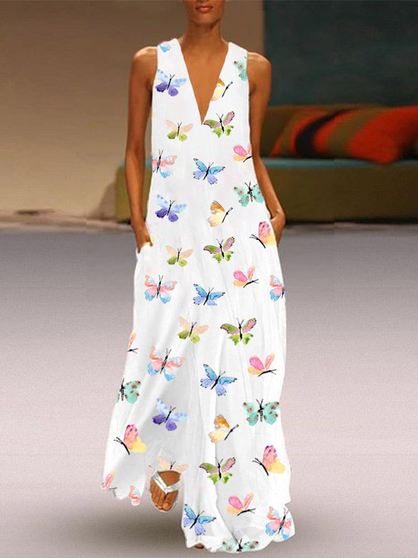 Para las mujeres, un vestido profundo con cuello y estampado de mariposa