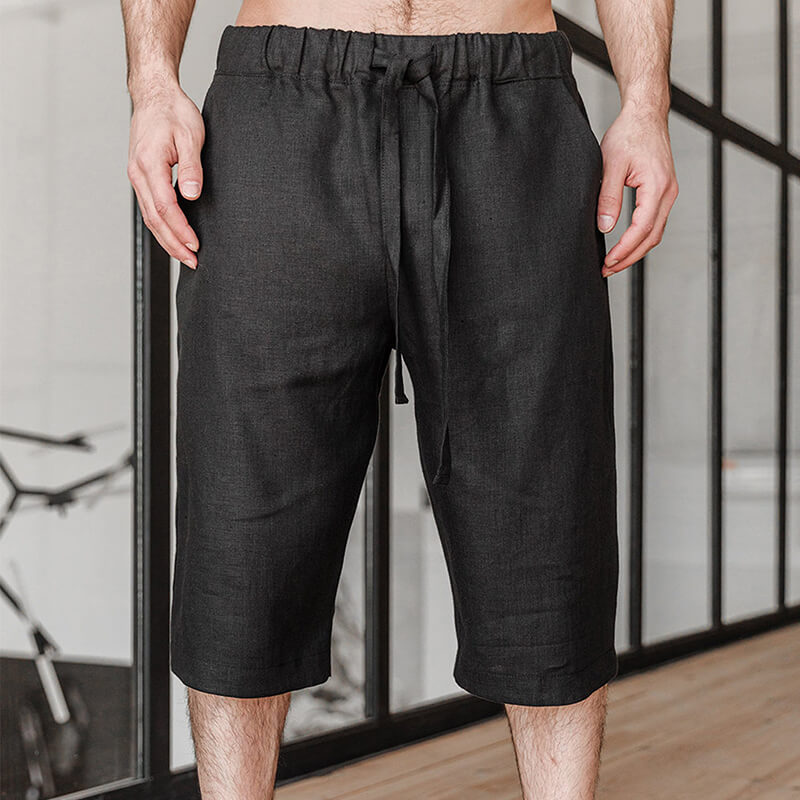 Clásico ligero Cordón sencillo y suelto para hombre Negro Cómodo pantalón de lino natural Pantalón corto