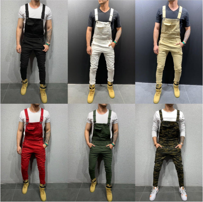 Wish Amazon moda hombre tirantes mamelucos de mezclilla pantalones de mezclilla rasgados comercio exterior monos populares