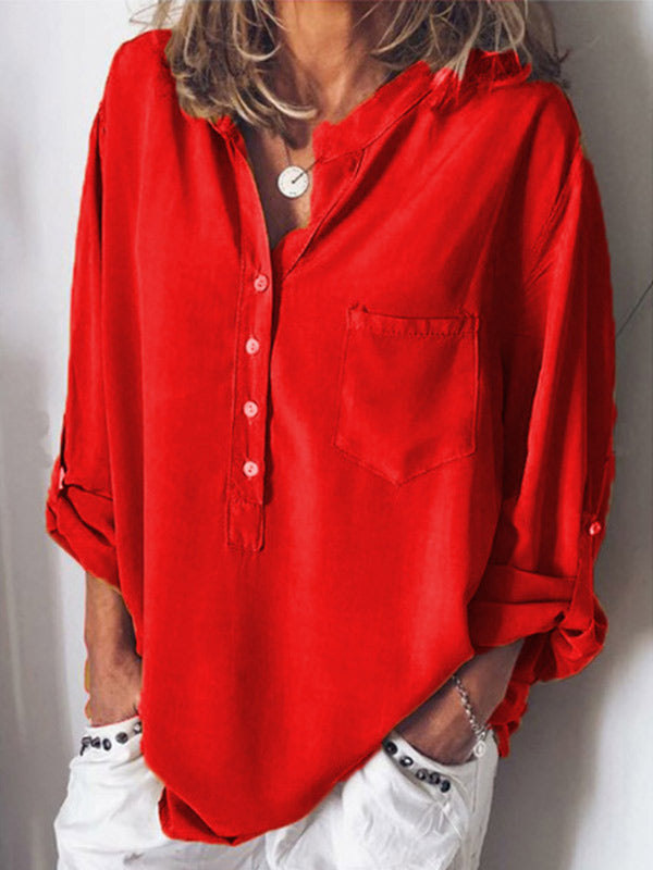 Einfarbiges Hemd aus Baumwolle und Leinen für Damen mit V-Ausschnitt