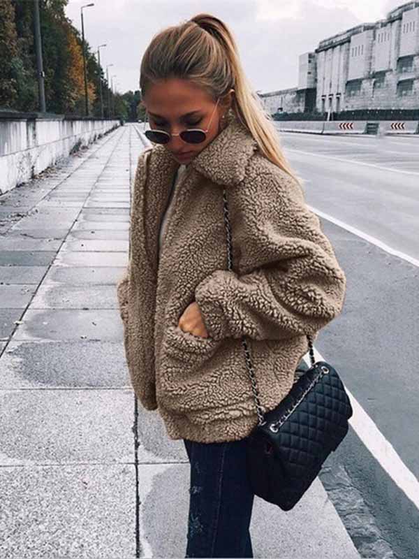 Bolsillo de otoño invierno con cremallera de manga larga chaqueta de felpa