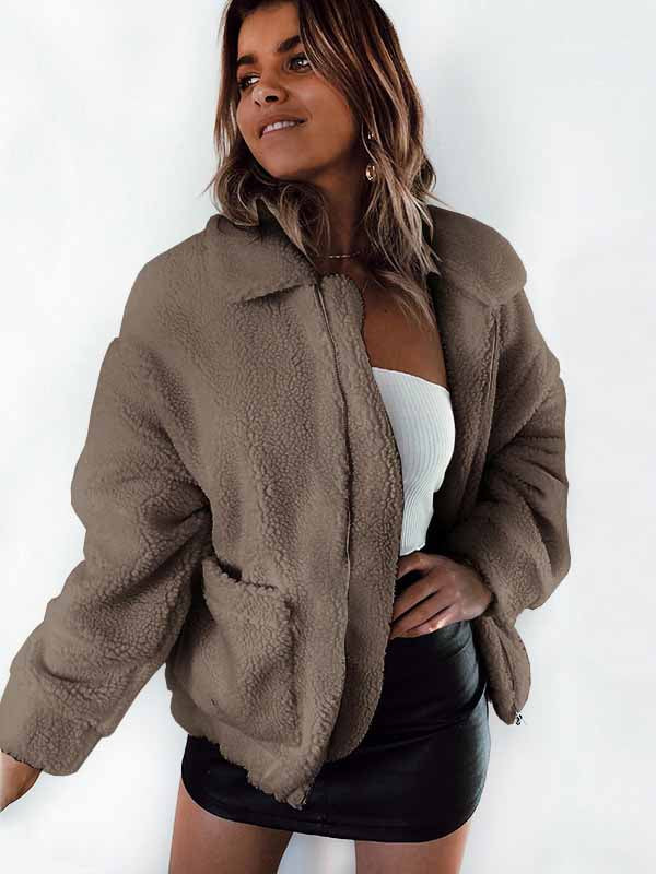 Bolsillo de otoño invierno con cremallera de manga larga chaqueta de felpa