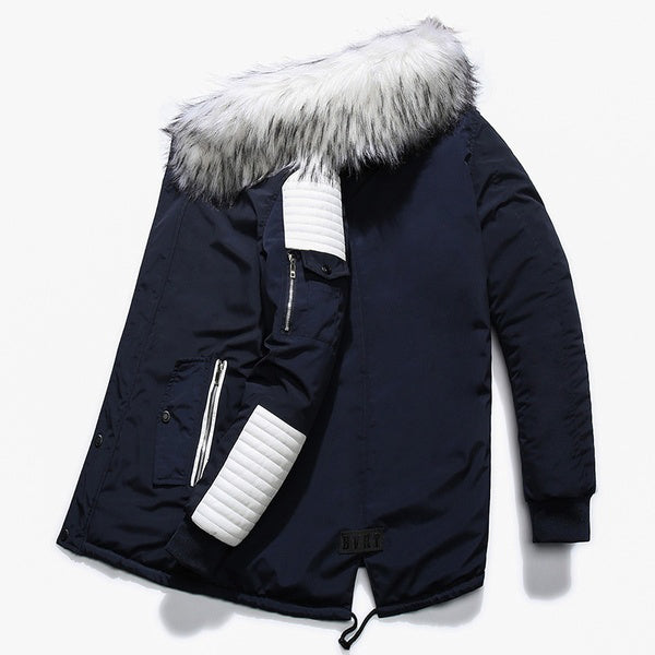 2018 Autumn Men's Large Fur Collar Cotton Thick Long Coat