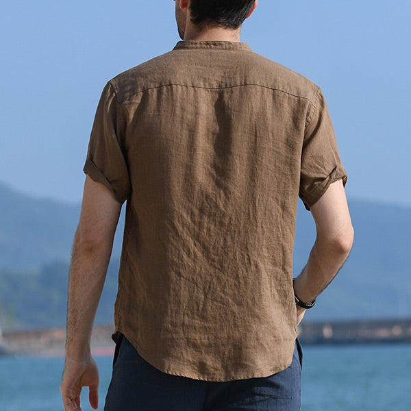 Camisa de lino de cuello alto transpirable suave para hombres con mangas cortas