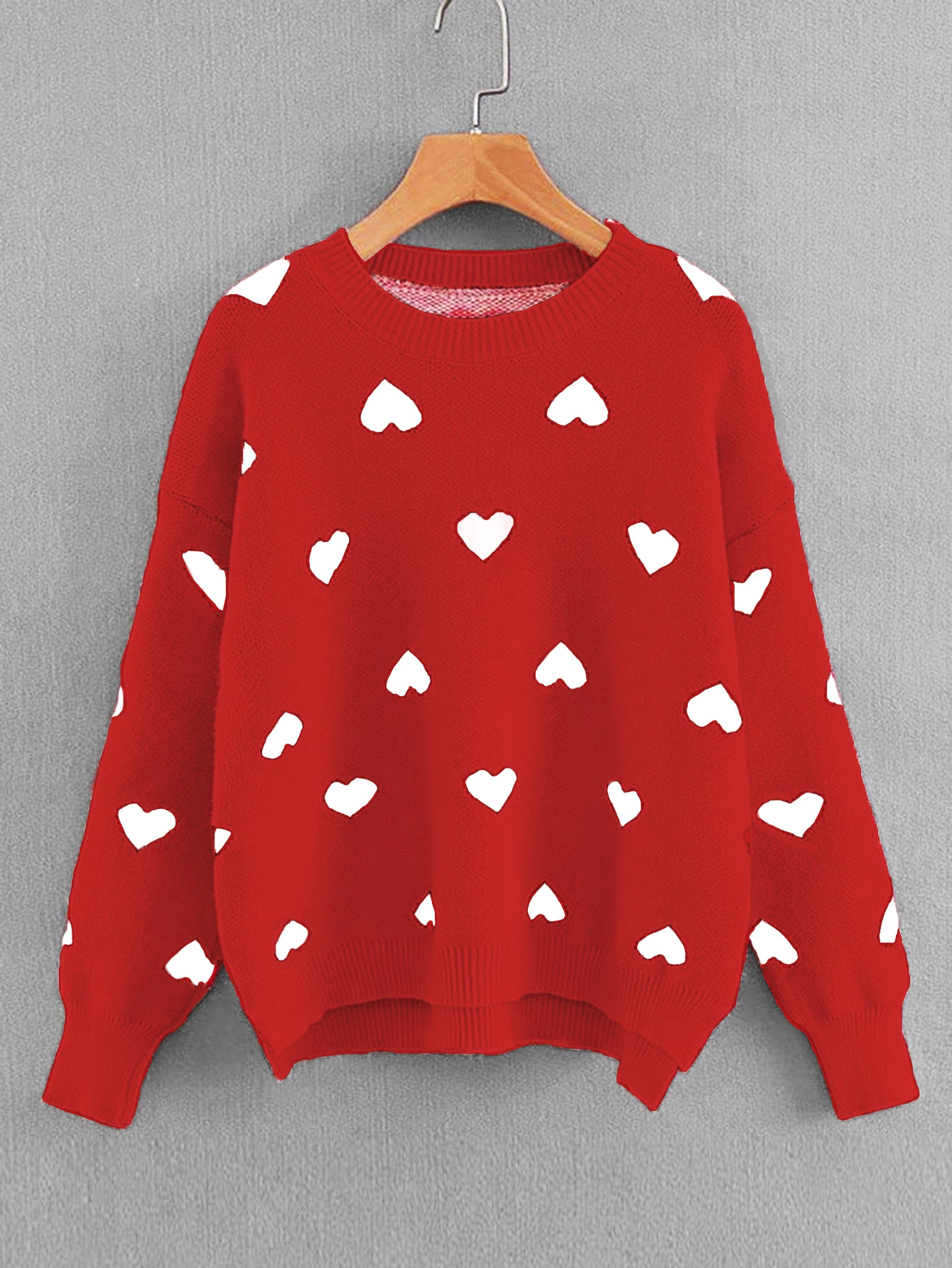 Drop Shoulder Heart Pattern Pullover mit Strickpullover