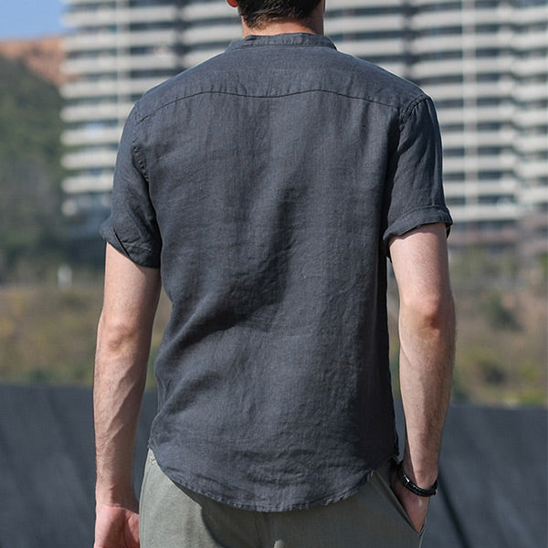Camisa de lino de cuello alto transpirable suave para hombres con mangas cortas