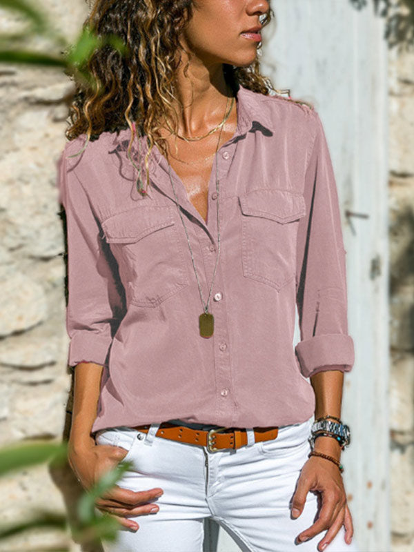 Camisa casual de manga larga y solapa firme para mujer.