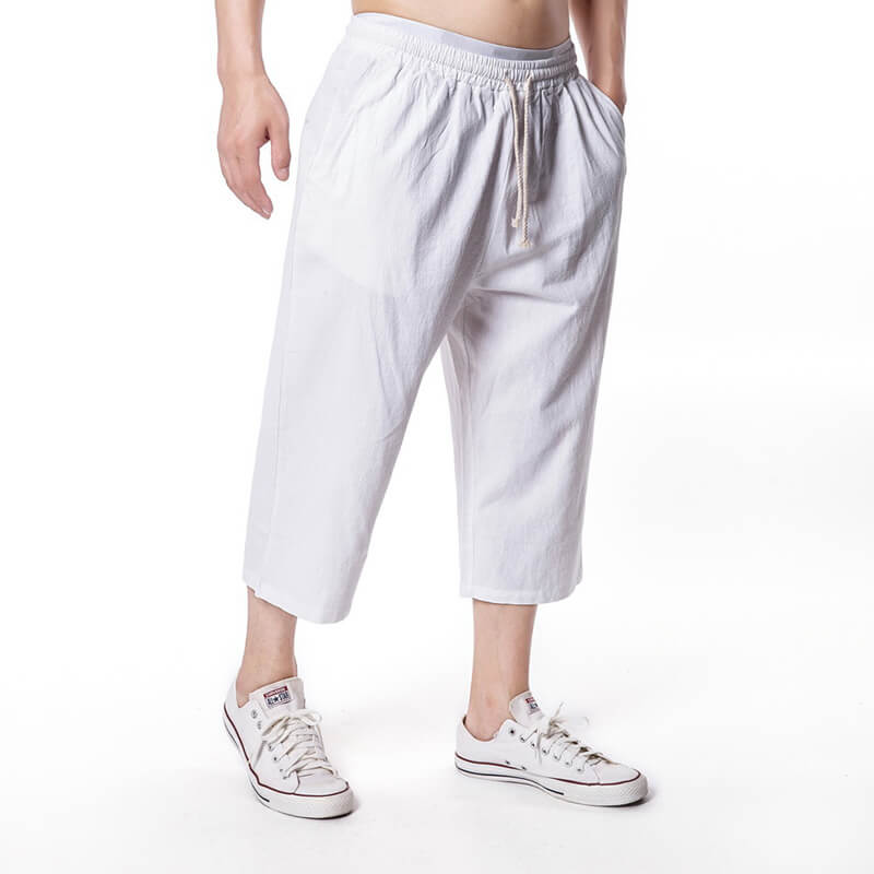 Cordones sueltos cómodos de color sólido para hombres de verano de pantalones de lino claro