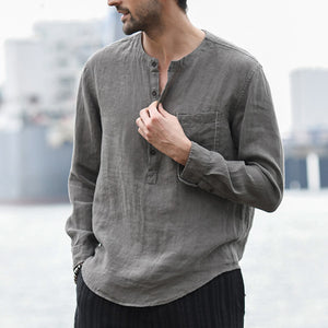 Men&#39;s summer vintage solid color round neck long sleeve long sleeve breathable linen shirt