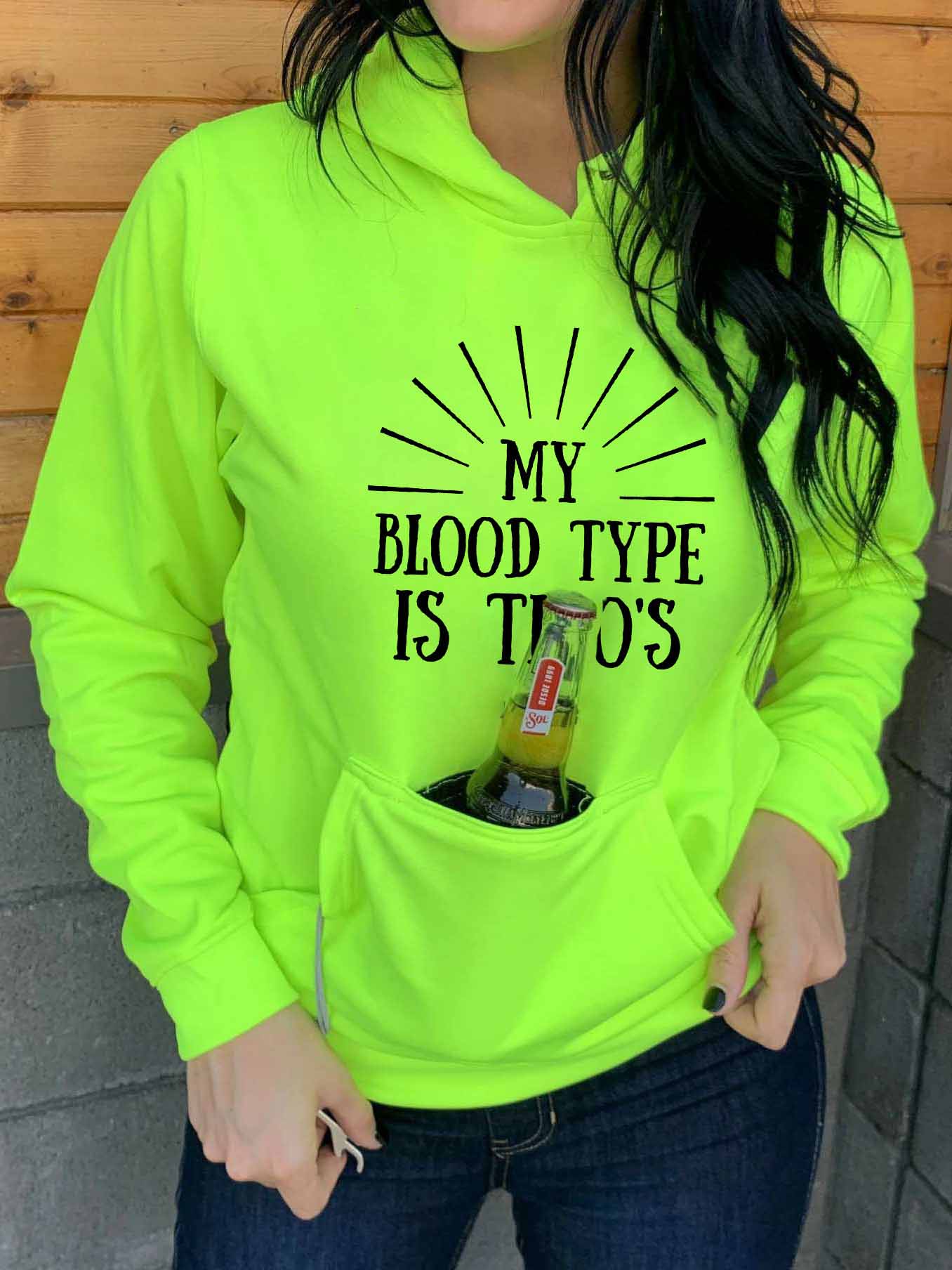 Mujer MY BLOOD TYPE IS TITOS Letter Sudadera con capucha de bolsillo