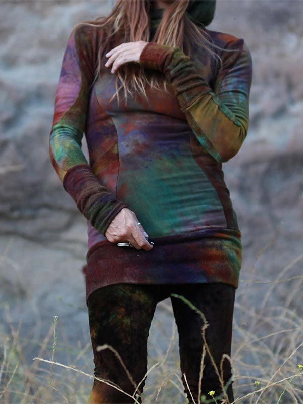 Suéter de mujer de longitud media con capucha de mosaico con capucha