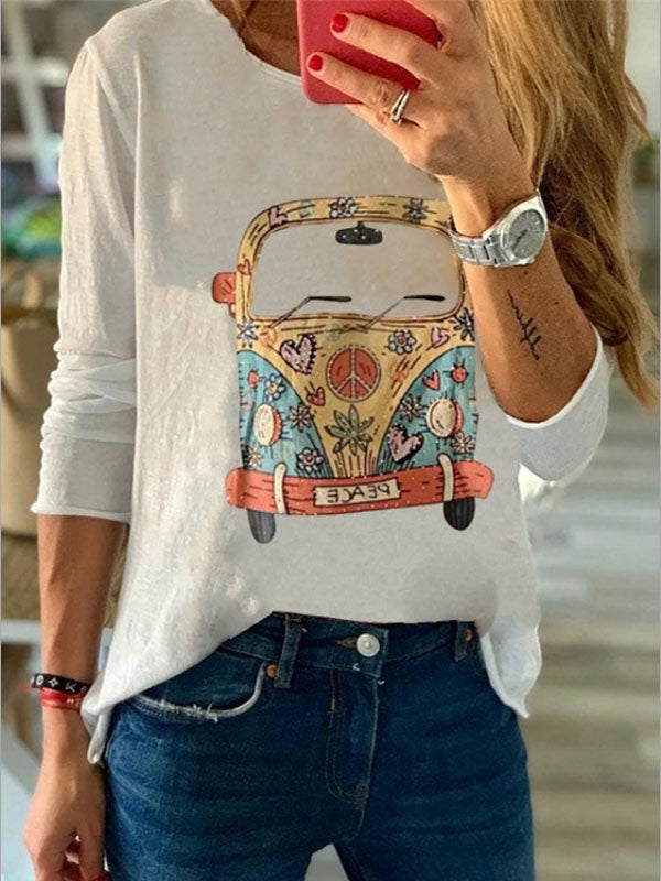 Camiseta de manga larga con cuello redondo y estampado de pecho para mujer