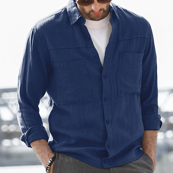 Vyriški laisvalaikio palaidi dvigubos kišenės ilgio rankovių lininiai marškiniai