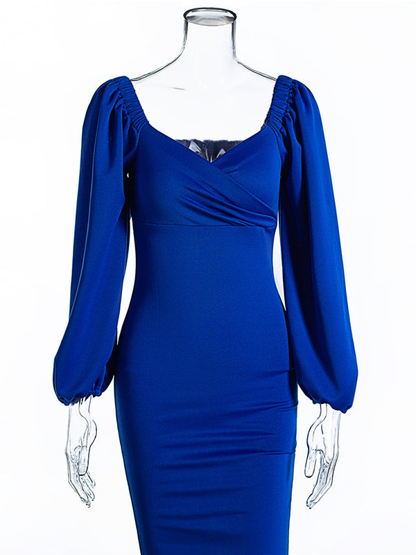 Vestido a media pierna con cuello en v vestido bodycon con mangas hinchadas