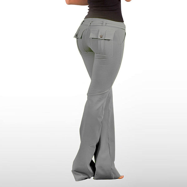 Pantalones de yoga con corte de botas y bolsillos con solapa para mujer