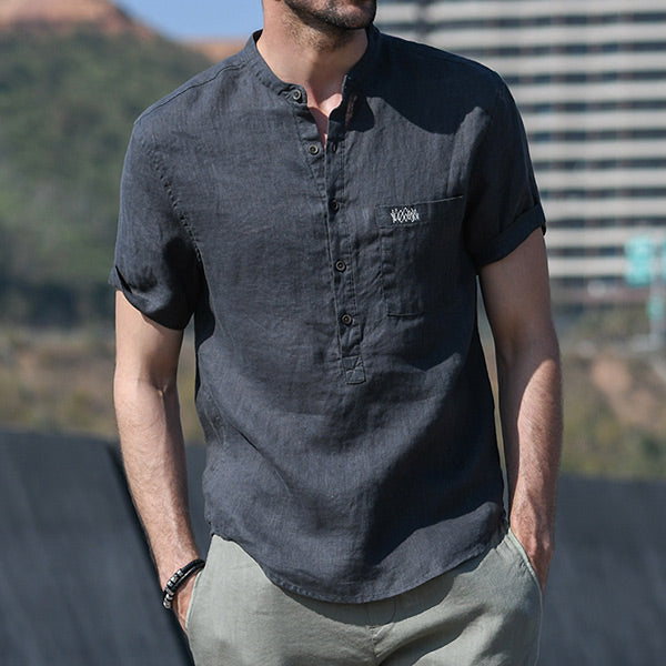 Camisa de lino de cuello alto transpirable suave para hombres con mangas cortas