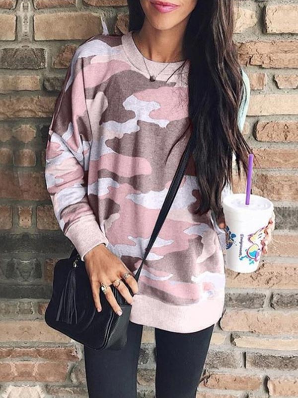Cuello redondo estampado camuflaje para mujer con manga larga