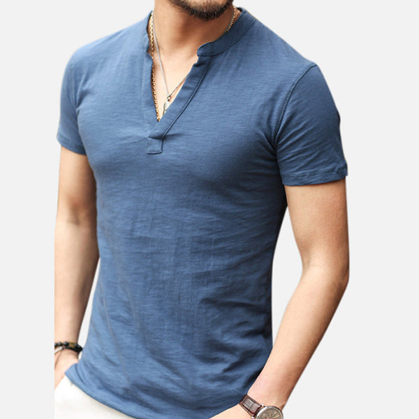 Bequemes T-Shirt aus Baumwolle und Leinen mit V-Ausschnitt für Herren