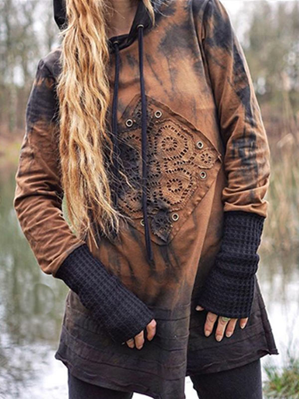 Retro gemischter gefärbter Spitzenstich-Kapuzenpullover der Frauen