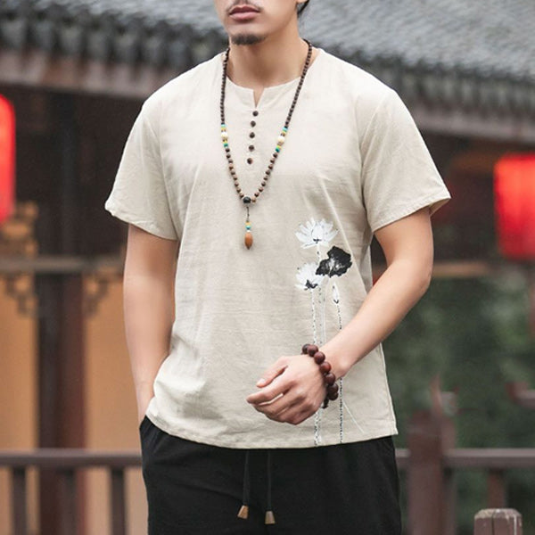 Camiseta de manga corta para hombre con estampado de loto en algodón y lino.