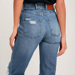 JEANS MAMÁ DE TALLE ALTO DESTRUIDOS CON LAVADO MEDIO