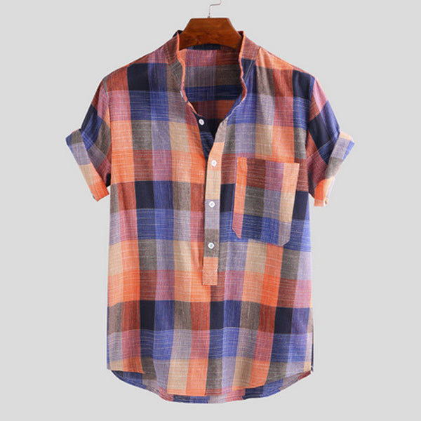 Camisa a cuadros suelta con cuello alto vintage para hombre