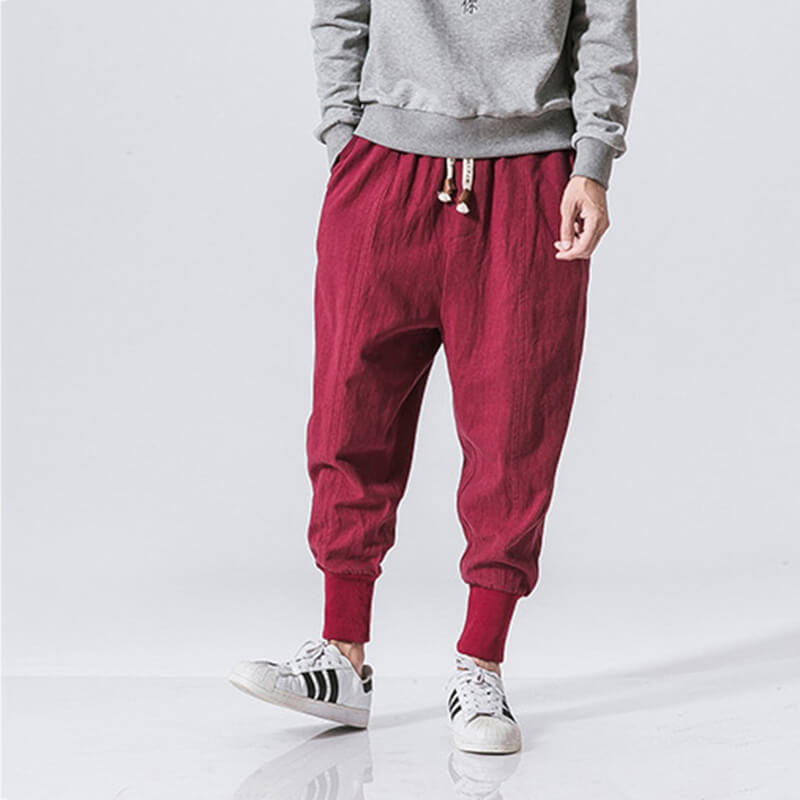 Pantalones japoneses transpirables para hombres hechos de lino holgado estilo callejero