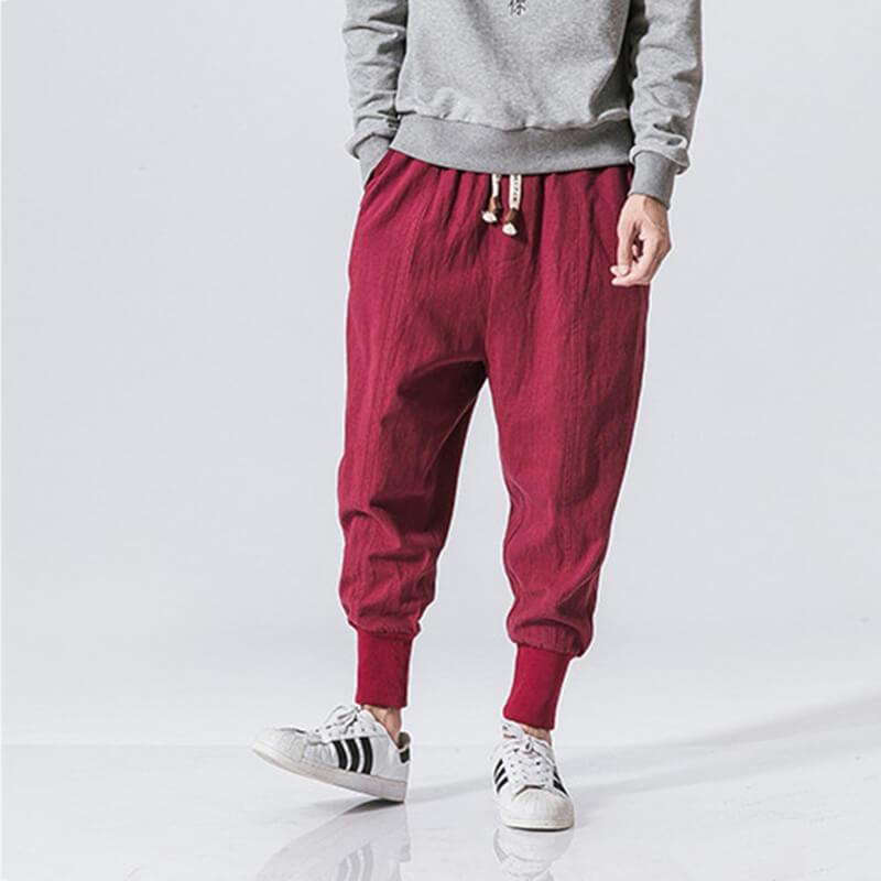 Pantalones japoneses transpirables para hombres hechos de lino holgado estilo callejero