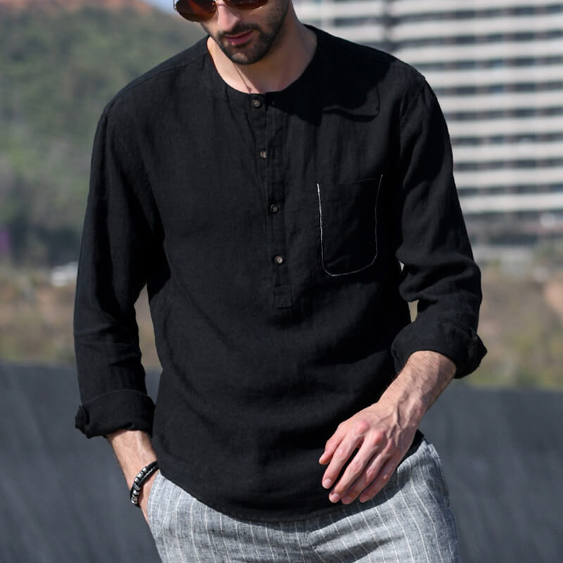 Men&#39;s summer vintage solid color round neck long sleeve long sleeve breathable linen shirt