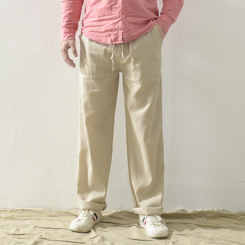 Cordones informales, transpirables y sueltos para hombres, pantalones ligeros de lino natural.