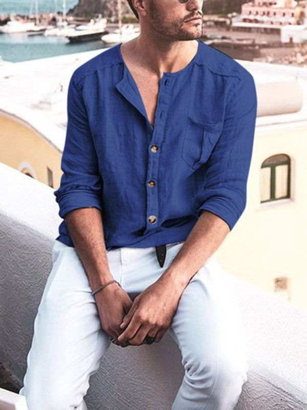 Herren Einfarbiges Baumwollknopf-Langarmhemd