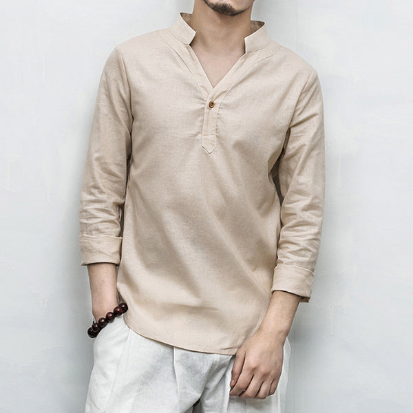 Herren Langarmhemd aus Baumwolle aus Leinen mit V-Ausschnitt