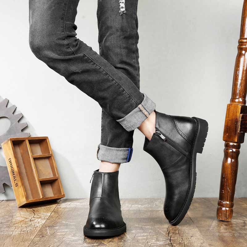 Botines de cuero genuino para hombres botas de vestir de cuero de vaca con cremallera