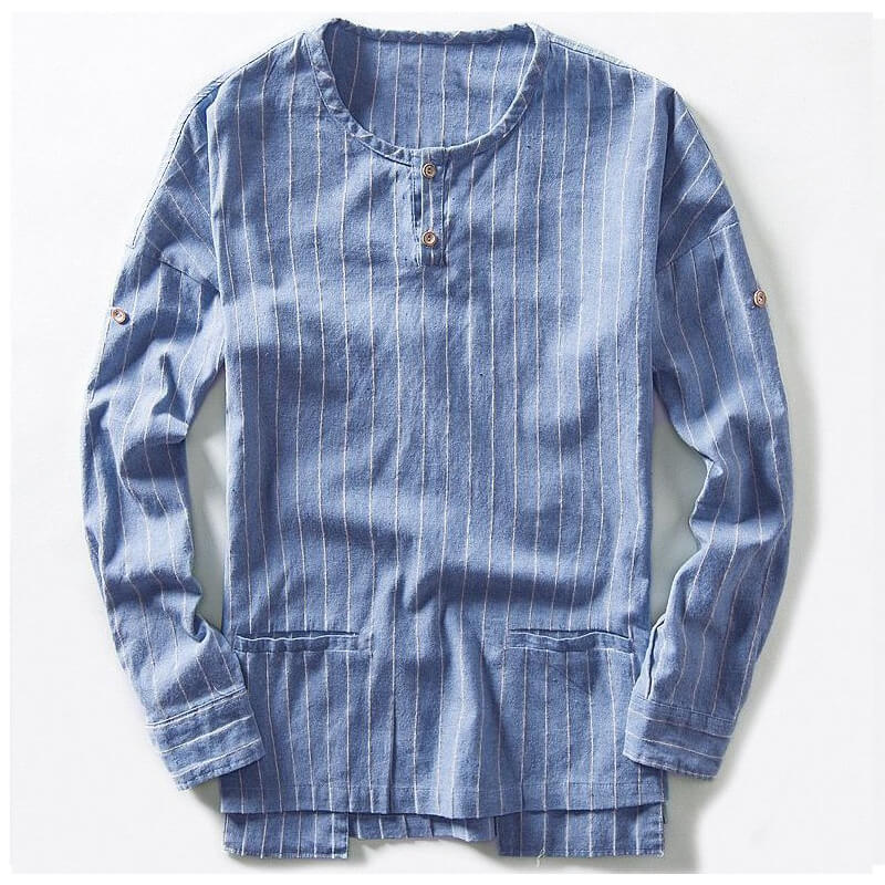 Vyriškos mados dvigubos kišenės su apvalia apykakle, dryžuotomis medvilninėmis ilgomis rankovėmis